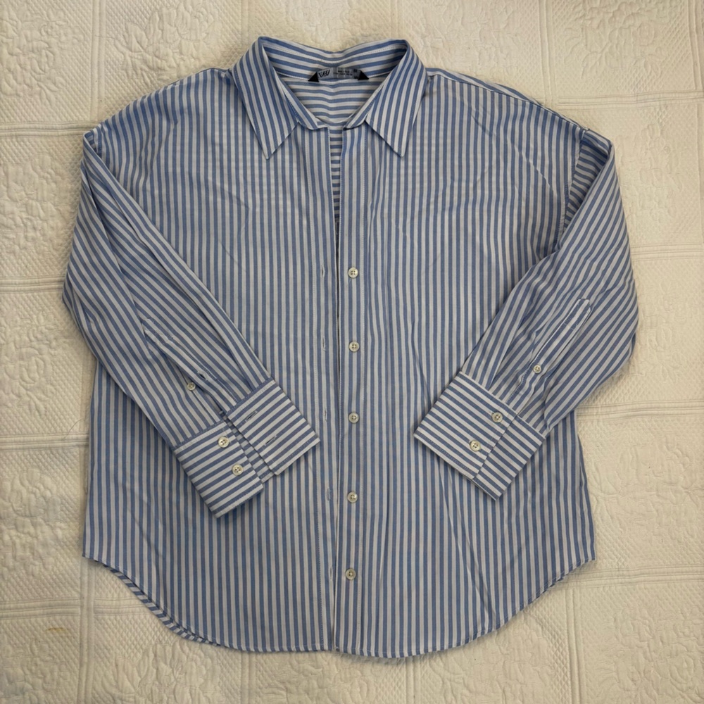 Zara Women’s Blue and White Striped Button Down Shirt